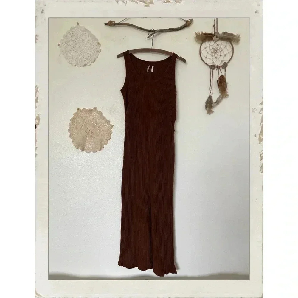 Brown Maternity Ribbed Knit Sleeveless Tank Stretchy Bodycon Flowy Maxi Dress